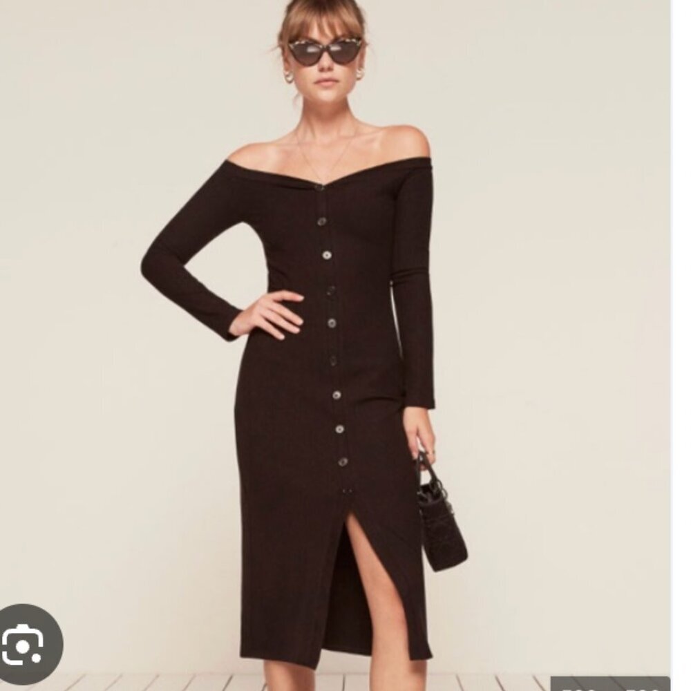REFORMATION Cora Knit Ribbed Off Shoulder Midi Dress Black Size S $165 - Picture 3 of 8